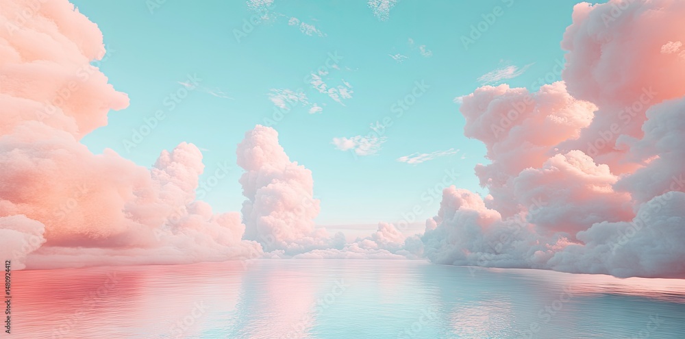 Poster a serene view of fluffy white clouds reflecting soft sunlight above a tranquil ocean. creating a pea