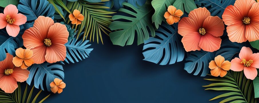 Vibrant tropical flowers and lush leaves arranged artistically against a dark blue backdrop, creating a visually appealing, summery design