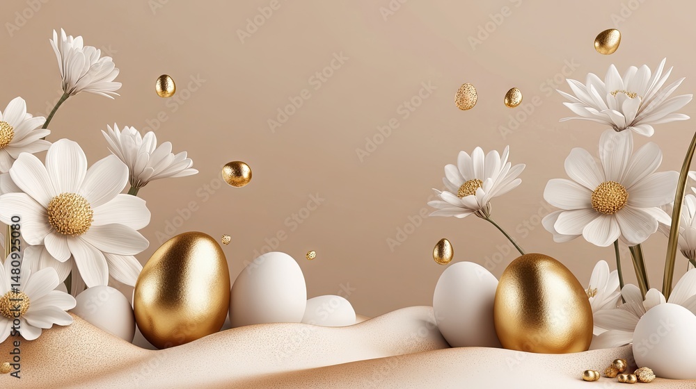 Poster a beautifully arranged display of golden easter eggs adorned with delicate snowflake patterns. surro