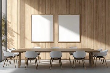 A modern conference room featuring a long wooden table surrounded by black chairs. illuminated by natural light streaming through large windows. with blank frames on the walls