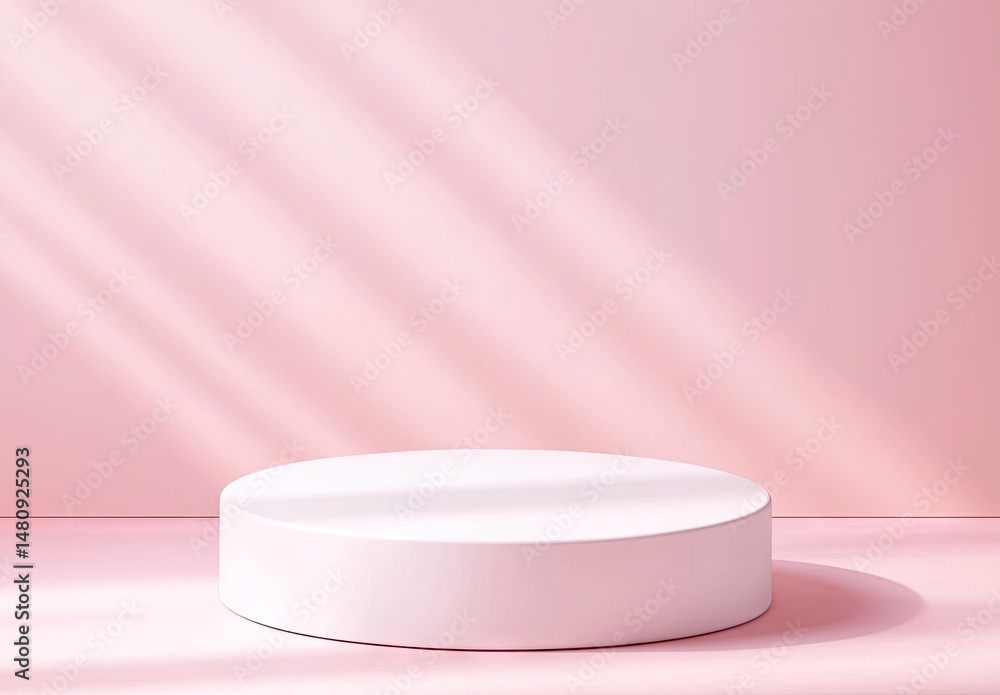 Poster a minimalist round display platform set against a soft pink background. illuminated by gentle lighti