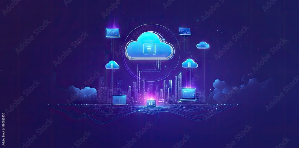 Poster a vibrant digital landscape illustrating cloud computing technology with data analytics. featuring a
