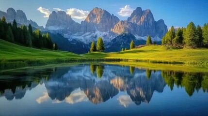 Fototapeta premium Lake at sunset reflects mountains