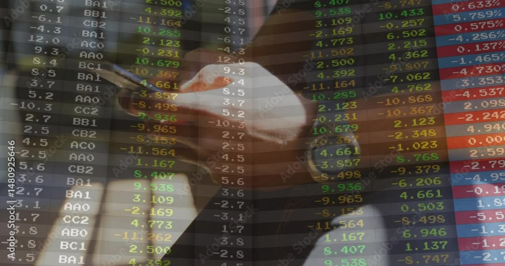 Poster hands holding smartphone tracking translucent stock ticker overlay in animated flat design scene