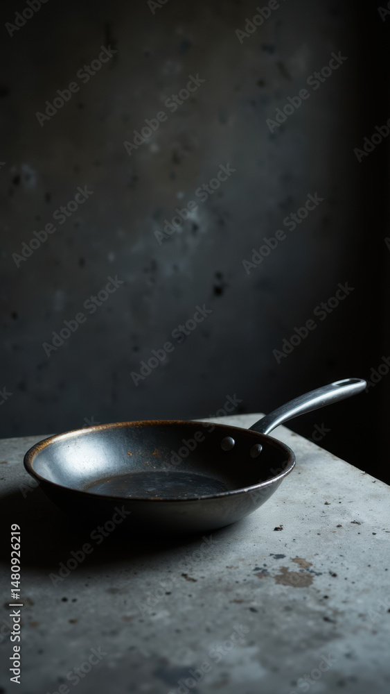 Poster a single skillet on a table with two different surfaces.