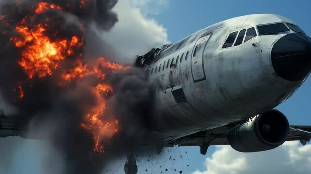 Mid-Air Explosion of Commercial Jet Aircraft Captured in Dramatic Cinematic Detail with Flames Debris and Billowing Smoke