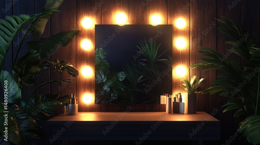 Poster a serene interior scene featuring a round mirror illuminated by soft light. surrounded by lush green