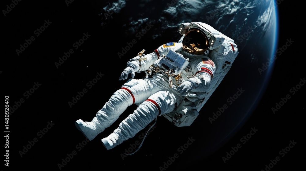 Poster an astronaut floats in the vastness of space. with earth visible in the background. capturing the aw