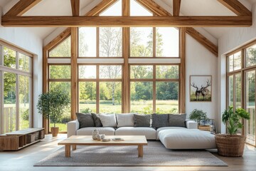 Fototapeta premium A serene living room featuring a modern white sofa and wooden accents. surrounded by large windows showcasing vibrant autumn foliage in a peaceful forest setting