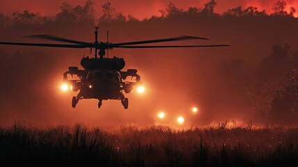Silhouetted helicopter descends, fiery landscape background.