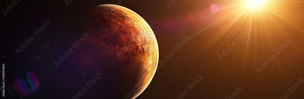Poster a stunning view of a distant planet illuminated by a bright star in the vastness of space. showcasin