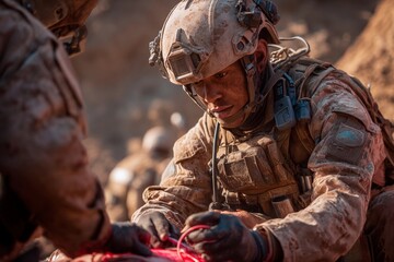 A military medic provides urgent medical attention to a fellow soldier amidst a challenging combat environment in desert terrain. The operation takes place during sunset