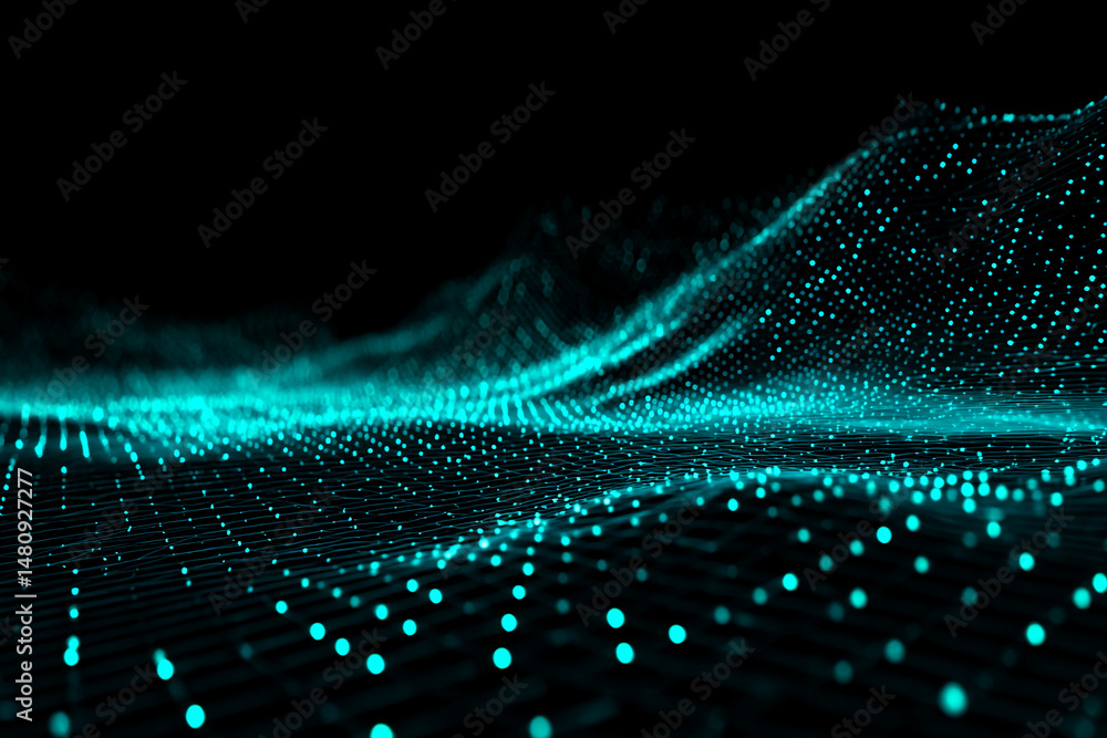 Poster abstract teal particles form flowing waves on a black background, creating a dynamic and futuristic 