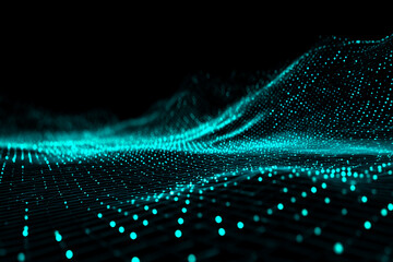 Abstract teal particles form flowing waves on a black background, creating a dynamic and futuristic visual, ideal for technology or digital concepts