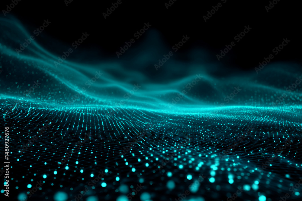Poster abstract teal wave pattern with glowing dots, creating a digital, flowing texture suitable for techn