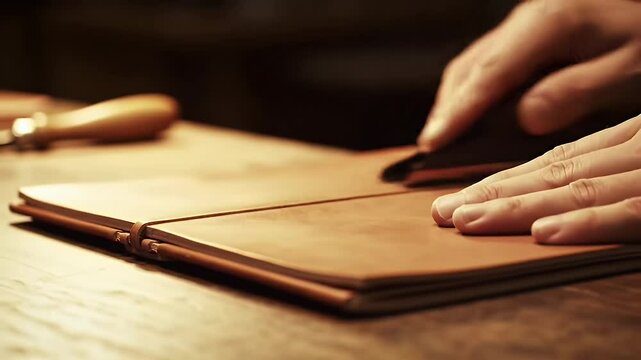 Close Up of Hands Working with Tan Leather Bound Book in Dim Lit Workshop