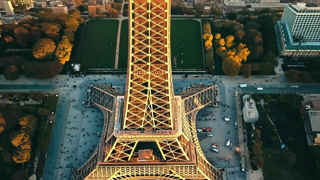 aerial view of Eiffel Tower and Champ de Mars park, Paris, France, with many people below.