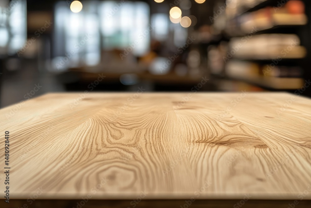 Poster a beautifully crafted wooden table in a modern store setting. showcasing a blurred background filled