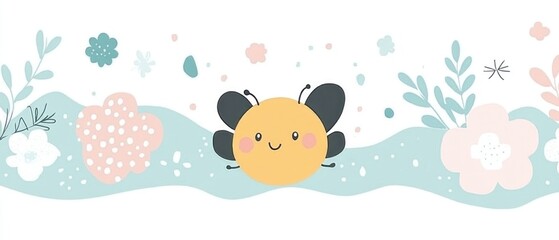 Cute cartoon bee amidst flowers, nature background, kids' decor