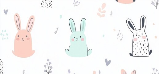 Obraz premium Cute pastel bunnies, floral background, kids' fabric