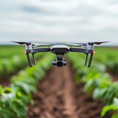 A drone hovers low over a green crop field, capturing images and monitoring agricultural growth.