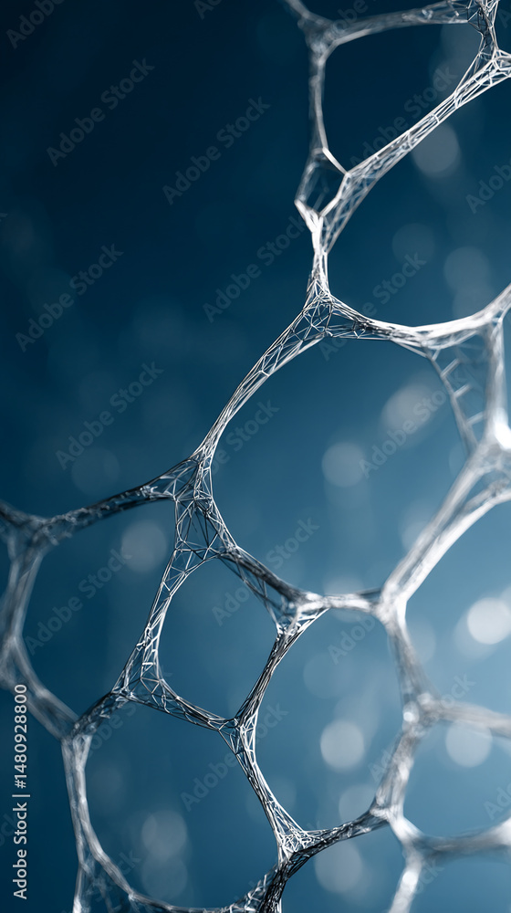 Poster abstract image of a silver network structure on a blue background, suggesting connection, technology