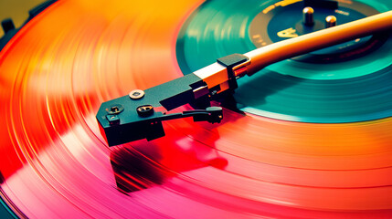Closeup of a Colorful Spinning Vinyl Record on a Turntable