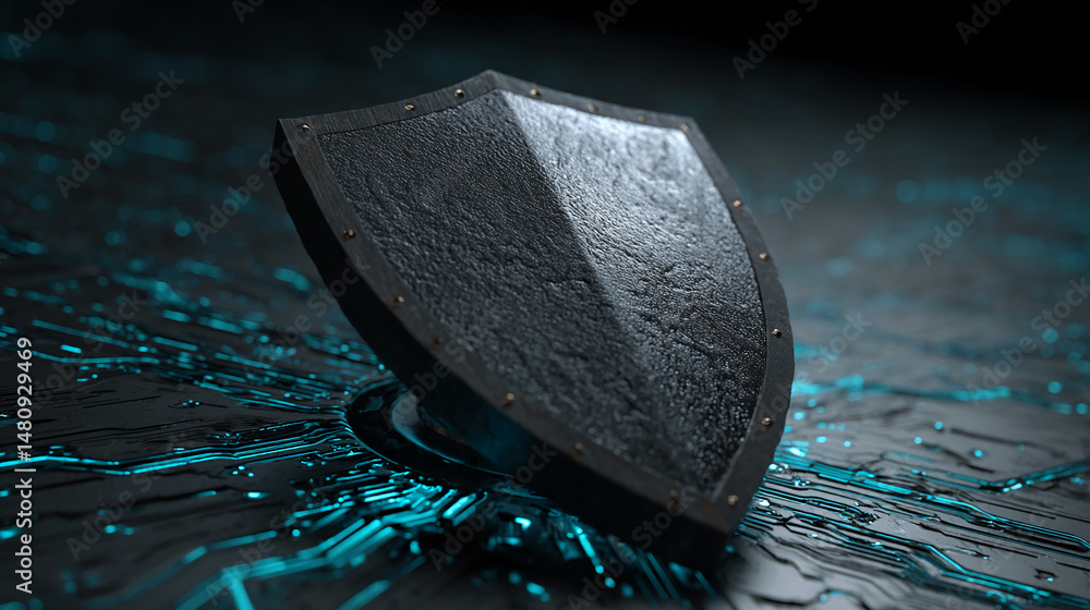 Poster dark metallic shield rests on a teal circuit board background, symbolizing digital security and data