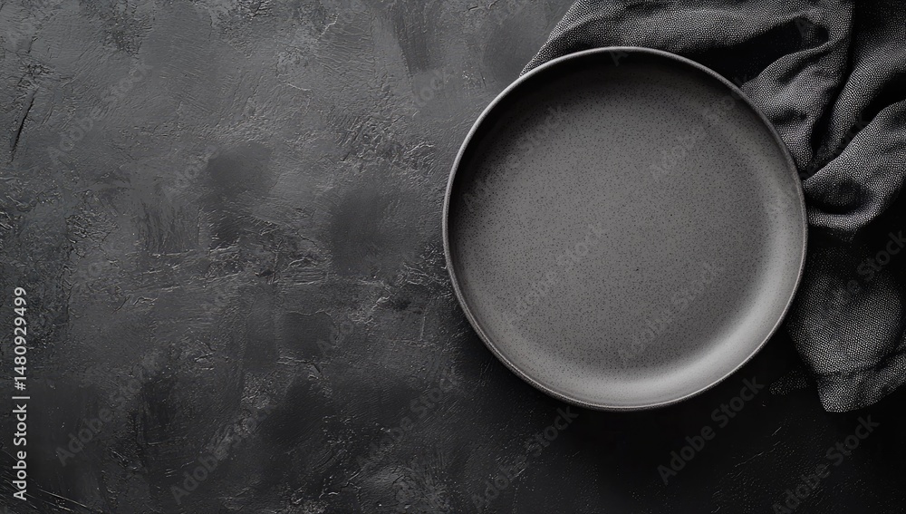 Poster a minimalist gray plate resting on a dark slate surface. accompanied by a textured gray cloth. creat