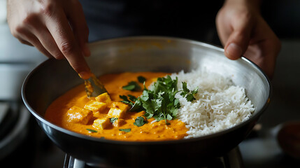  Plating a creamy bowl of Paneer Butter Masala with fragrant Basmati rice (2)