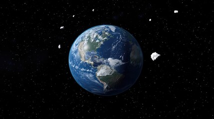 Fototapeta premium A stunning depiction of Earth surrounded by a field of asteroids. set against the vastness of space. highlighting the beauty and fragility of our planet in the cosmos