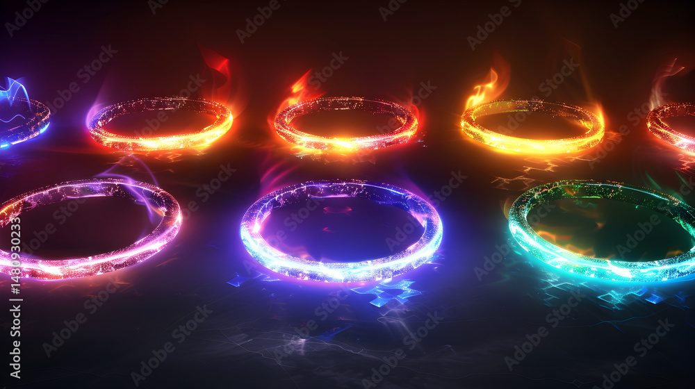 Wall mural a vibrant array of glowing rings illuminated in various colors on a dark reflective surface backdrop