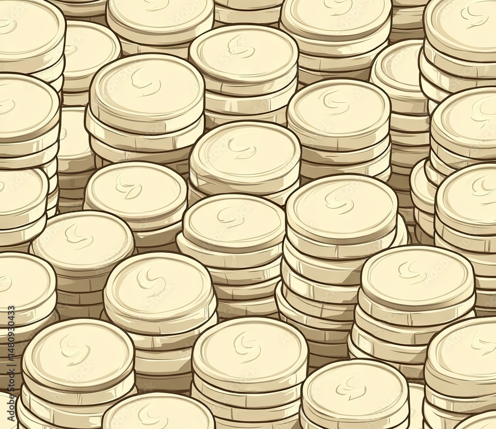 Aufkleber a close-up view of neatly stacked golden coins arranged in a repeating pattern against a warm brown 