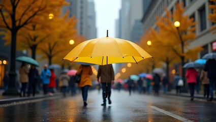 In the rainy city, many people with umbrellas are walking along the wet street in motion