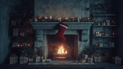 Obraz premium A cozy Christmas scene featuring a decorated fireplace with a red stocking hanging above. surrounded by glowing candles and neatly wrapped presents. creating a warm festive atmosphere
