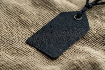 A close-up of a blank black tag resting on a textured burlap surface. showcasing the simplicity and elegance of natural materials. ideal for product labeling or crafts