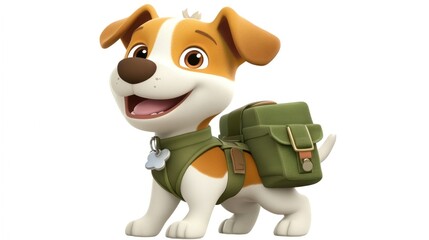 Fototapeta premium Cheerful cartoon puppy with backpack 3 d illustration white background