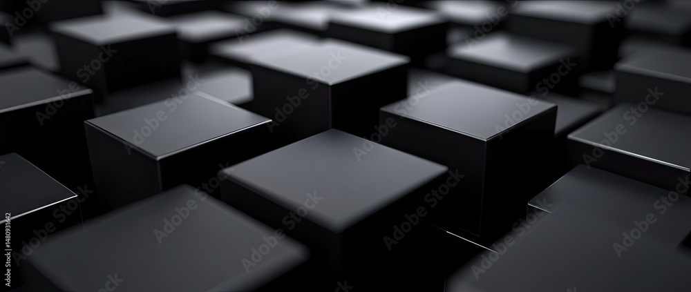 Poster a close-up view of a dense arrangement of black cubes. showcasing their geometric patterns and textu