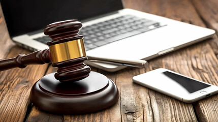 Dark Brown Wooden Gavel on Rustic Desk with Laptop and Smartphone