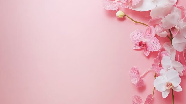 Pink and white orchid blossoms on pale pink background delicate floral design - Powered by Adobe