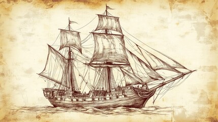 An intricately detailed illustration of a majestic sailing ship navigating through calm waters. with a vintage backdrop suggesting an era of exploration and adventure