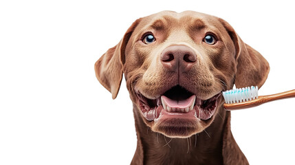 A dog with a toothbrush in his teeth on a white background. Hygiene and health.