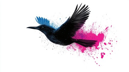 Stylized bird in flight dynamic graphic illustration with pink splashes