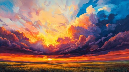 Vibrant Sunset Landscape Painting Dramatic Clouds Golden Hour Sky Artistic Field Nature Scene Beautiful Colors Warm Hues Impressive Artwork Peaceful Evening