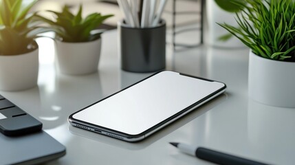 Blank smartphone screen mockup minimalist office desk setting