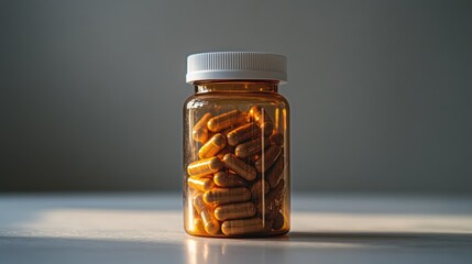Golden brown capsules in amber bottle health supplement product wellness concept