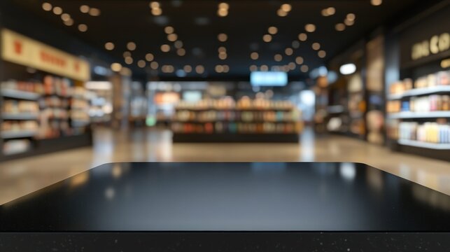 Dark sleek tabletop with blurred retail store background