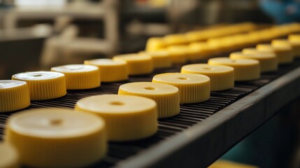 Pale yellow cylindrical food products on conveyor belt in factory setting