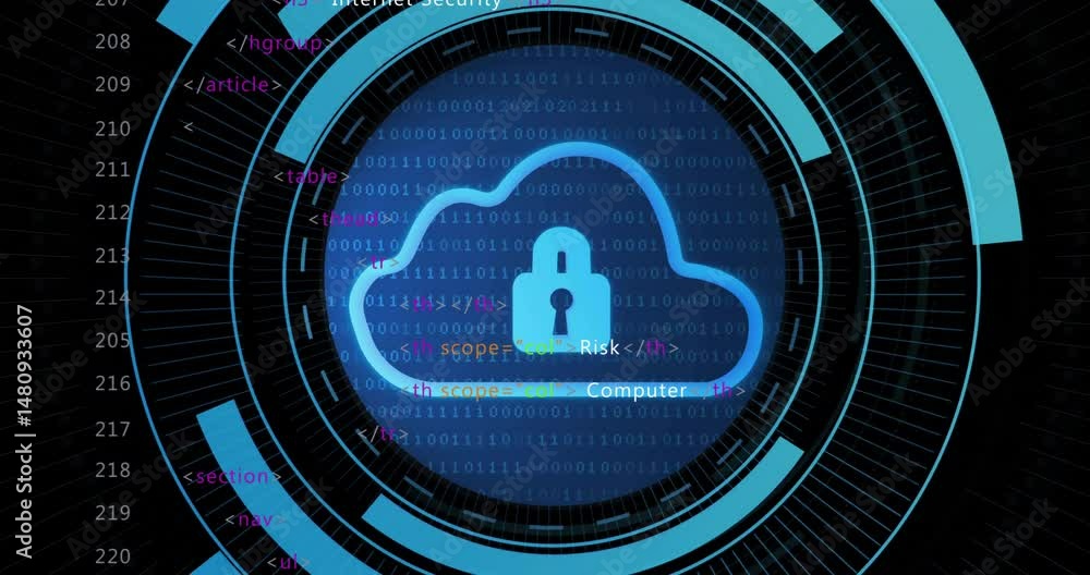 Poster cloud padlock icon floating at center, highlighting streaming binary digits and scattered code tags
