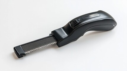 Black handheld comb fine teeth ergonomic design isolated white background
